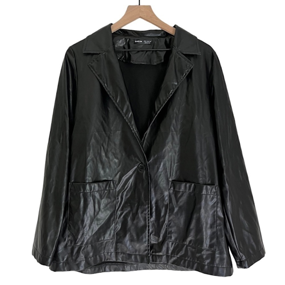 Shein Women’s Faux Leather Blazer Jacket Button Front in Black Size Medium